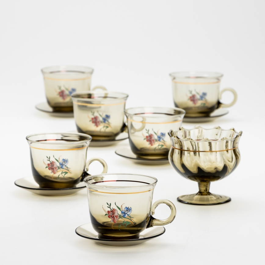 Set 6x vaso de vidrio con platillo y 1x azucarero ahumado ramo n° 3