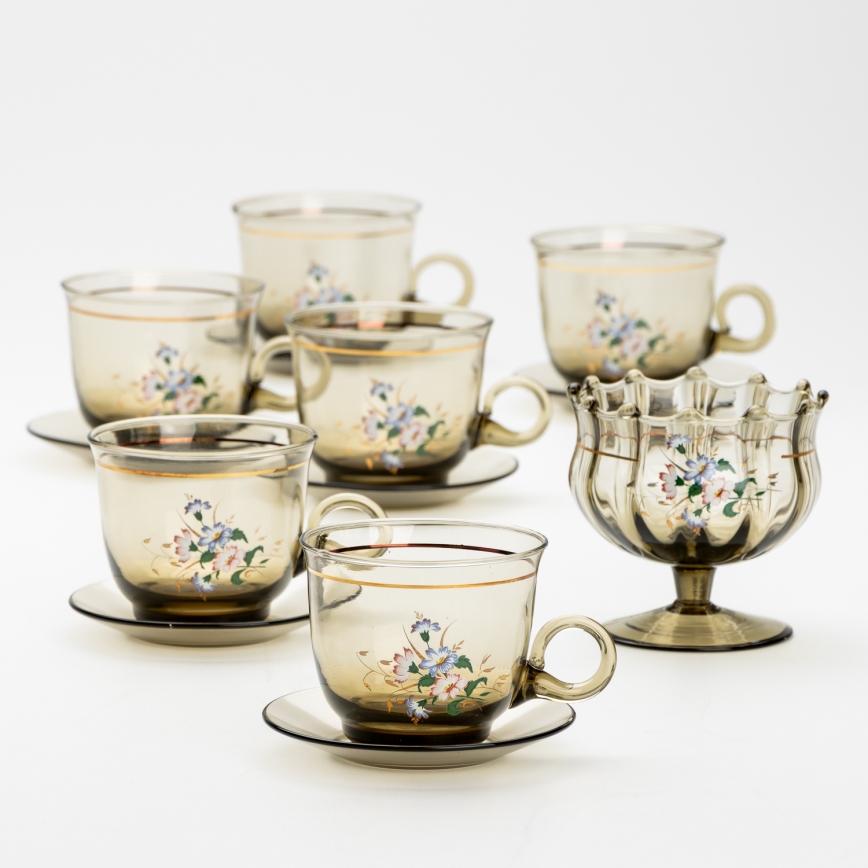 Set 6x vaso de vidrio con platillo y 1x azucarero ahumado ramo n° 3