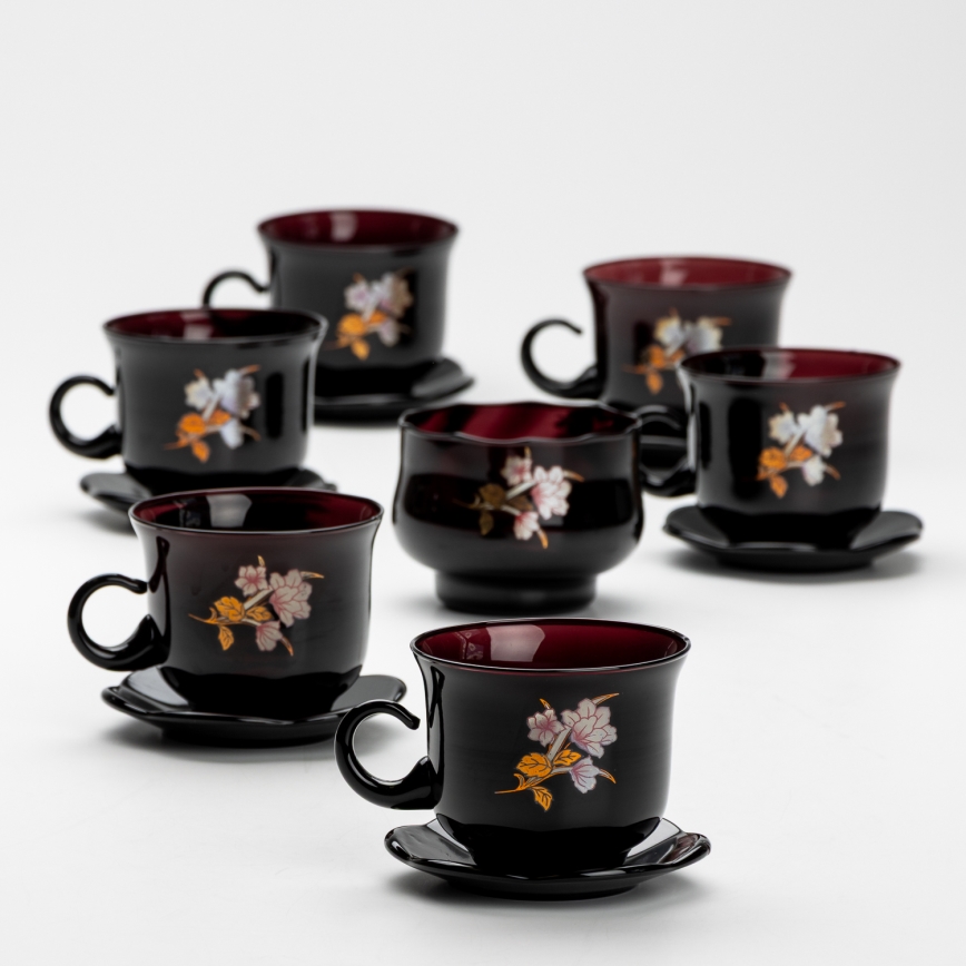 Set 6x vaso de vidrio con platillo y 1x azucarero negro ramo n° 3