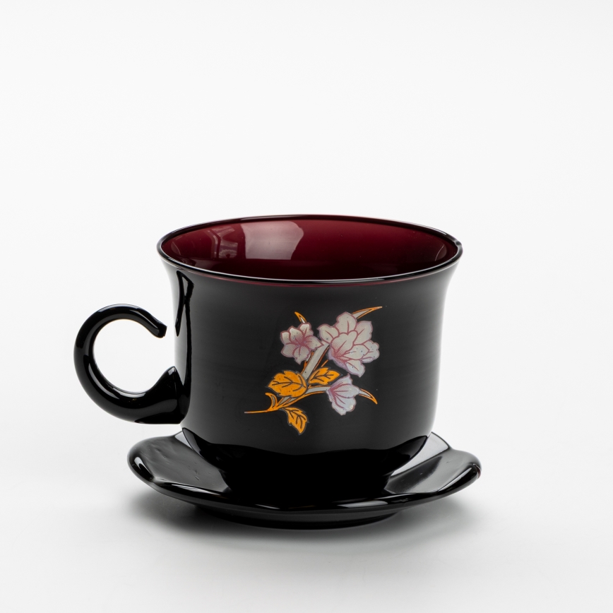 Set 6x vaso de vidrio con platillo y 1x azucarero negro ramo n° 3