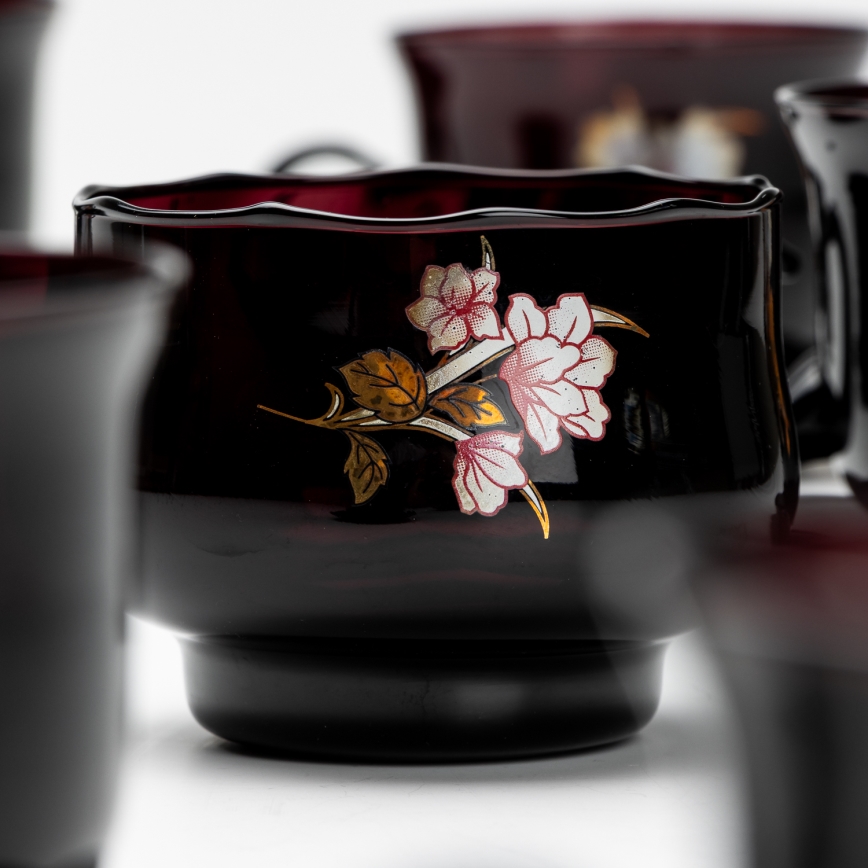 Set 6x vaso de vidrio con platillo y 1x azucarero negro ramo n° 3