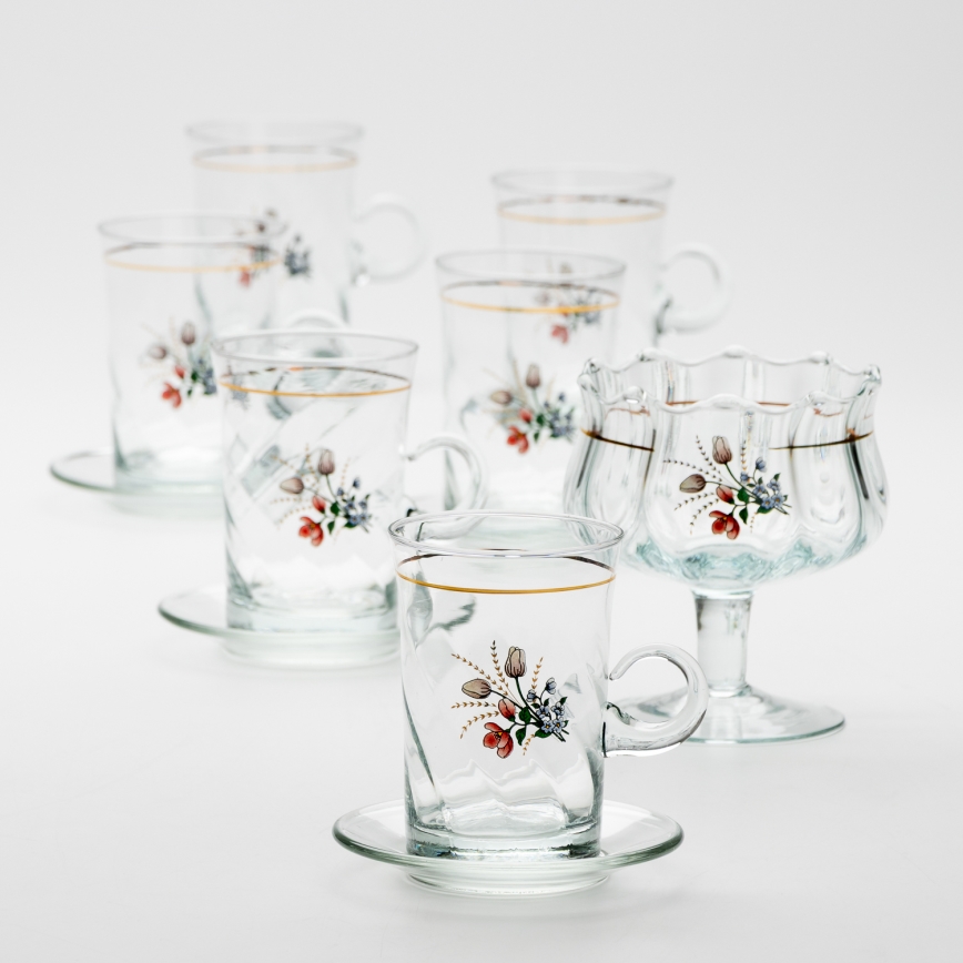 Set 6x vaso de vidrio con platillo y 1x azucarero transparente ramo n.º 4