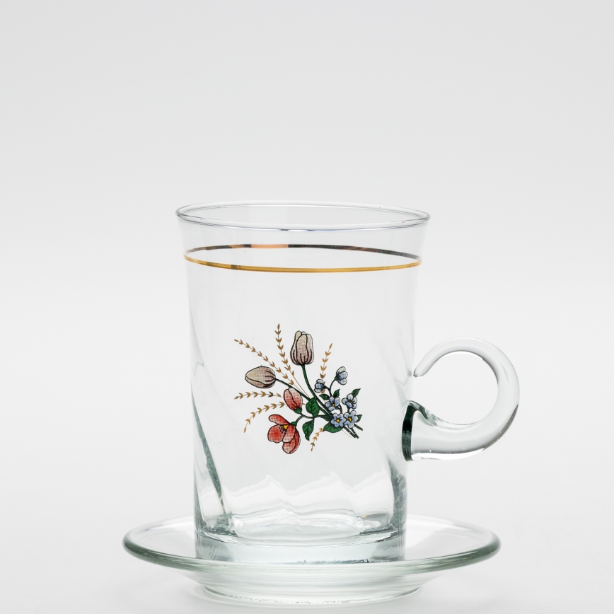 Set 6x vaso de vidrio con platillo y 1x azucarero transparente ramo n.º 4