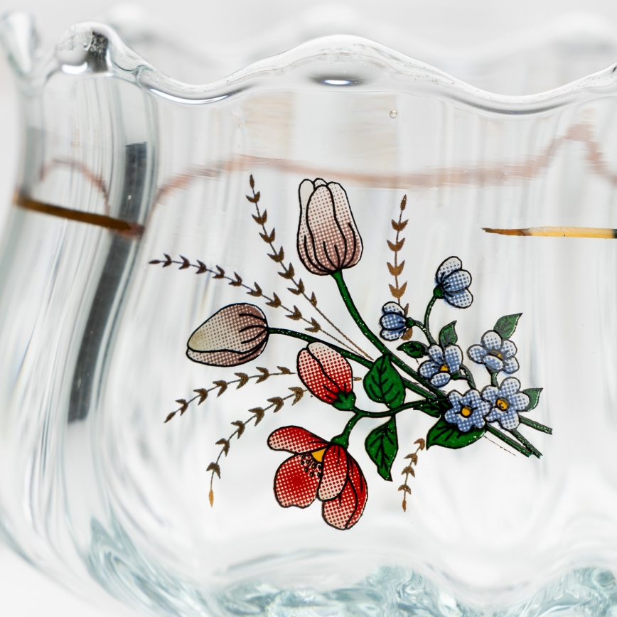 Set 6x vaso de vidrio con platillo y 1x azucarero transparente ramo n.º 4