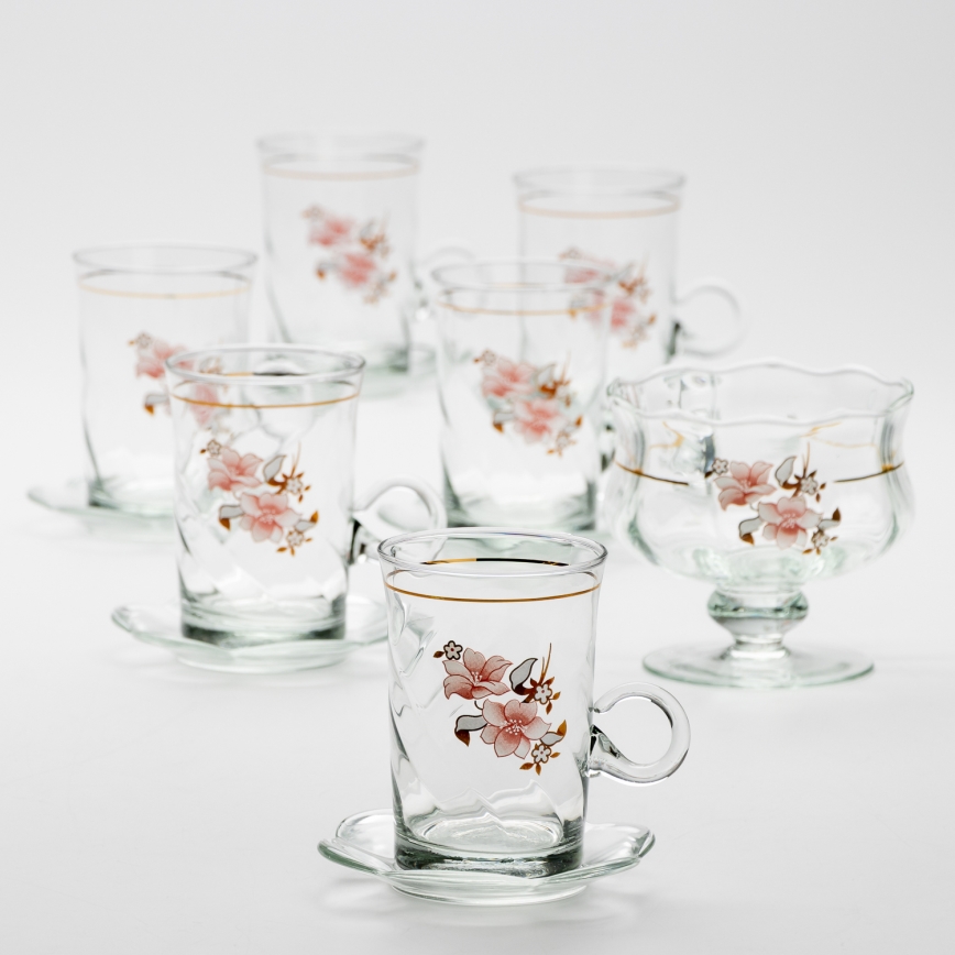 Set 6x vaso de vidrio con platillo y 1x azucarero transparente ramo n° 2