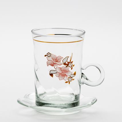 Set 6x vaso de vidrio con platillo y 1x azucarero transparente ramo n° 2