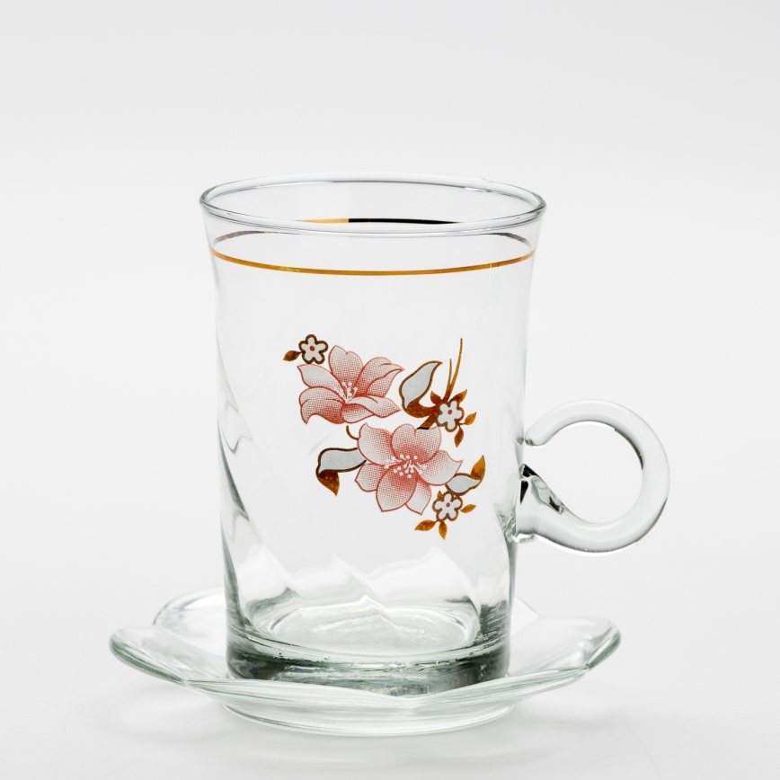 Set 6x vaso de vidrio con platillo y 1x azucarero transparente ramo n° 2