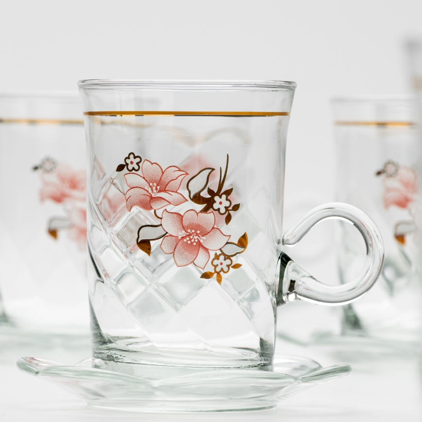 Set 6x vaso de vidrio con platillo y 1x azucarero transparente ramo n° 2