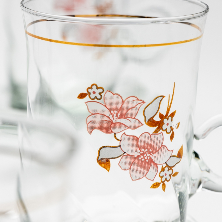 Set 6x vaso de vidrio con platillo y 1x azucarero transparente ramo n° 2