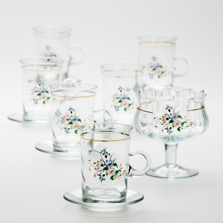 Set 6x vaso de vidrio con platillo y 1x azucarero transparente ramo n° 3