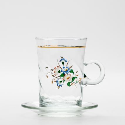 Set 6x vaso de vidrio con platillo y 1x azucarero transparente ramo n° 3