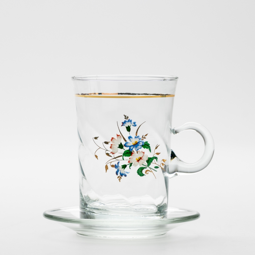 Set 6x vaso de vidrio con platillo y 1x azucarero transparente ramo n° 3