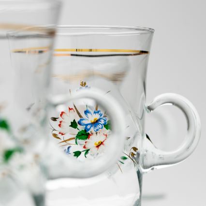 Set 6x vaso de vidrio con platillo y 1x azucarero transparente ramo n° 3