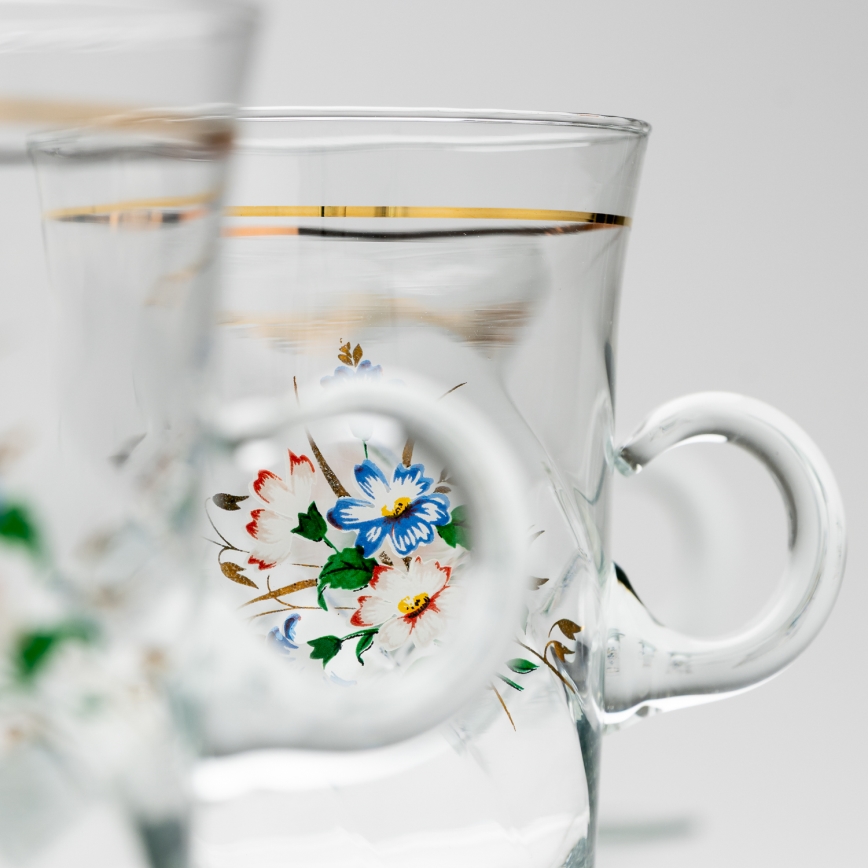 Set 6x vaso de vidrio con platillo y 1x azucarero transparente ramo n° 3