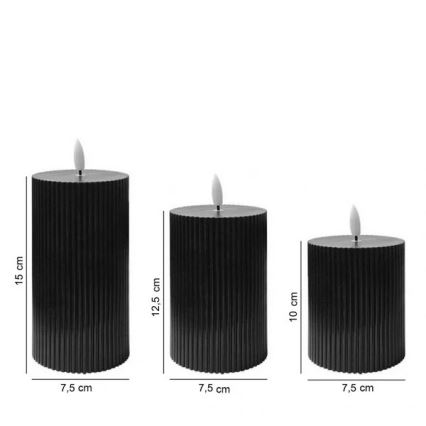 Set de 3 velas LED BRILLO LED/2xAA color negro + mando a distancia