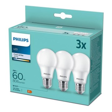 SET DE 3x Bombilla LED Philips A60 E27/8W/230V 4000K