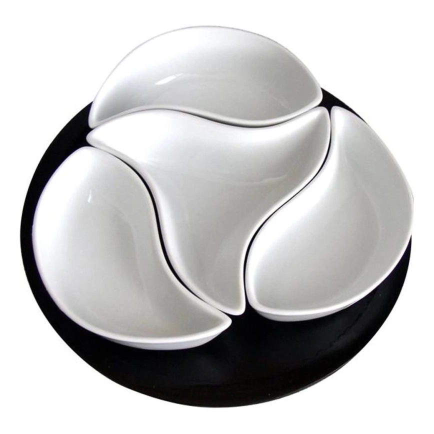 Set de 4 cuencos con bandeja TORO, cerámica y madera