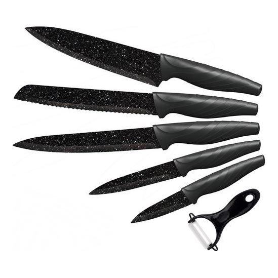 Set de cuchillos de cocina 5 piezas + pelador mármol/negro