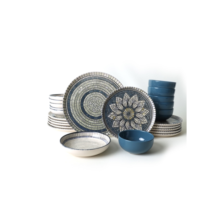 Set de vajilla de 24 piezas azul/crema/gres