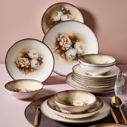Set de vajilla de porcelana, 26 piezas, beige/marrón/blanco