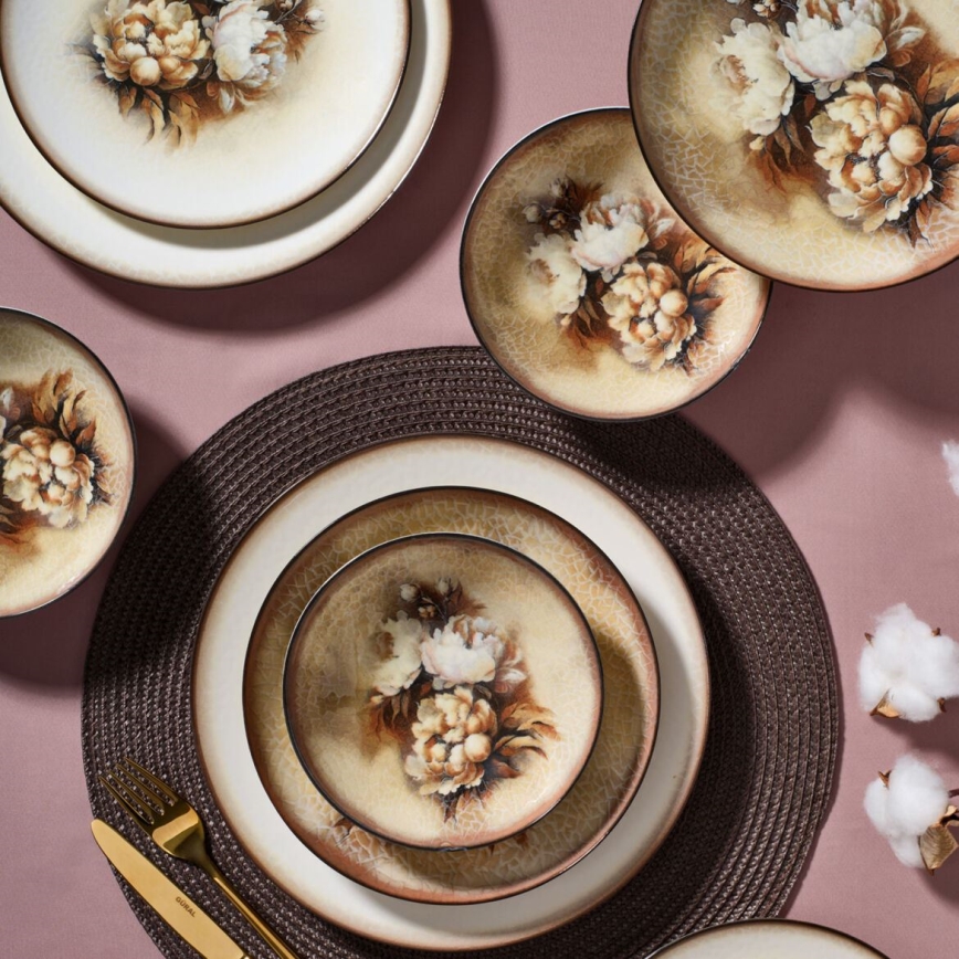 Set de vajilla de porcelana, 26 piezas, beige/marrón/blanco