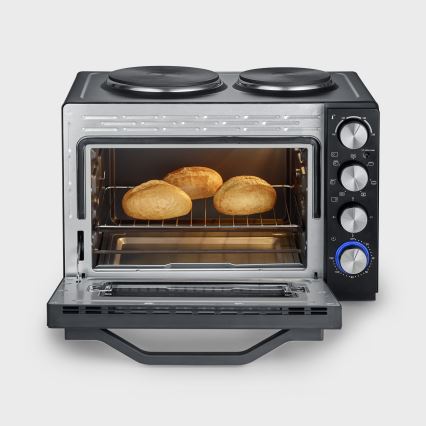 Severin TO 2074 - Horno de convección con función grill y placas de cocción, 2500 W/230 V, 30 l, negro