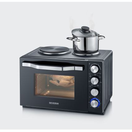 Severin TO 2074 - Horno de convección con función grill y placas de cocción, 2500 W/230 V, 30 l, negro