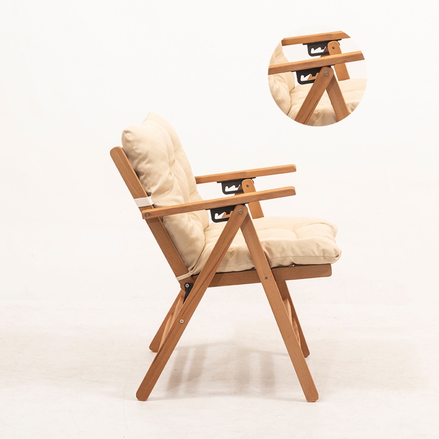 Sillón de jardín plegable con cojín beige/madera de haya