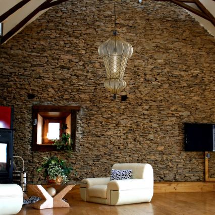 SIRU - Lámpara colgante con cadena BABÀ 1xE27/60W/230V diá. 30 cm beige/marrón Vidrio veneciano