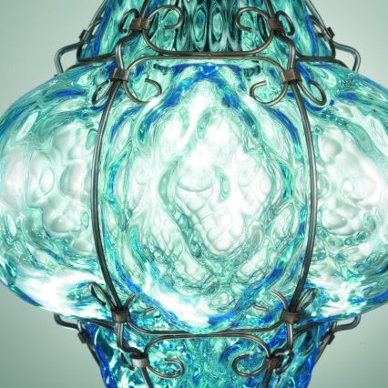 SIRU- Lámpara colgante con cadena CLASSIC 1xE27/60W/230V diá. 30 cm azul/negro Vidrio veneciano