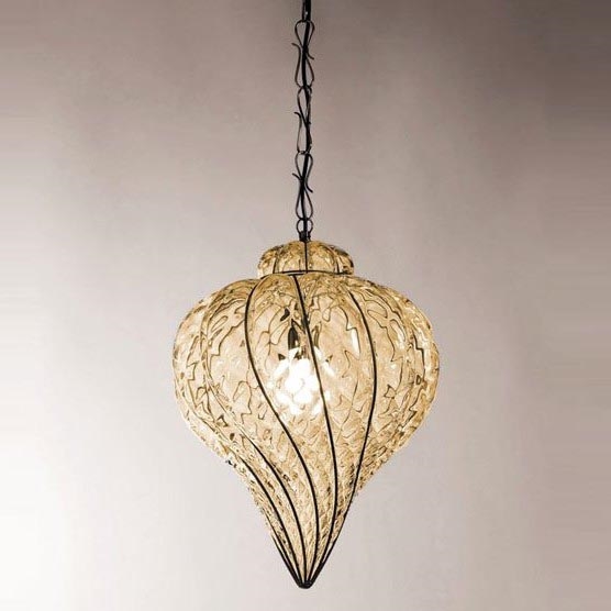 SIRU - Lámpara colgante con cadena GOCCIA 1xE27/60W/230V diá. 25 cm beige/marrón Vidrio veneciano