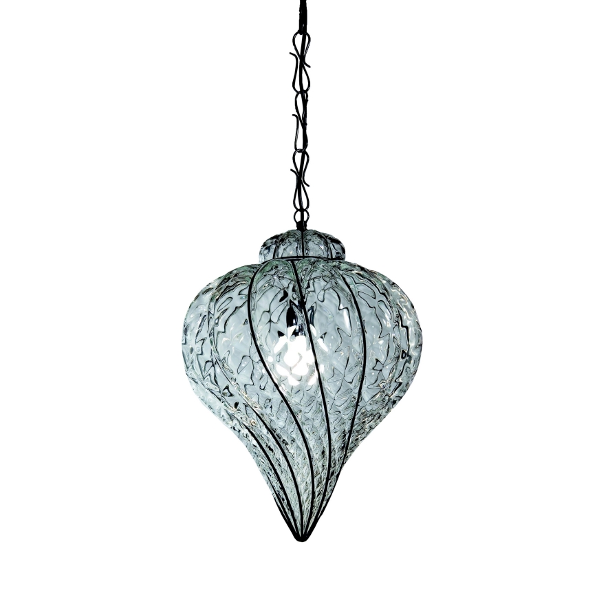 SIRU - Lámpara colgante con cadena GOCCIA 1xE27/60W/230V diá. 25 cm transparente/marrón Vidrio veneciano