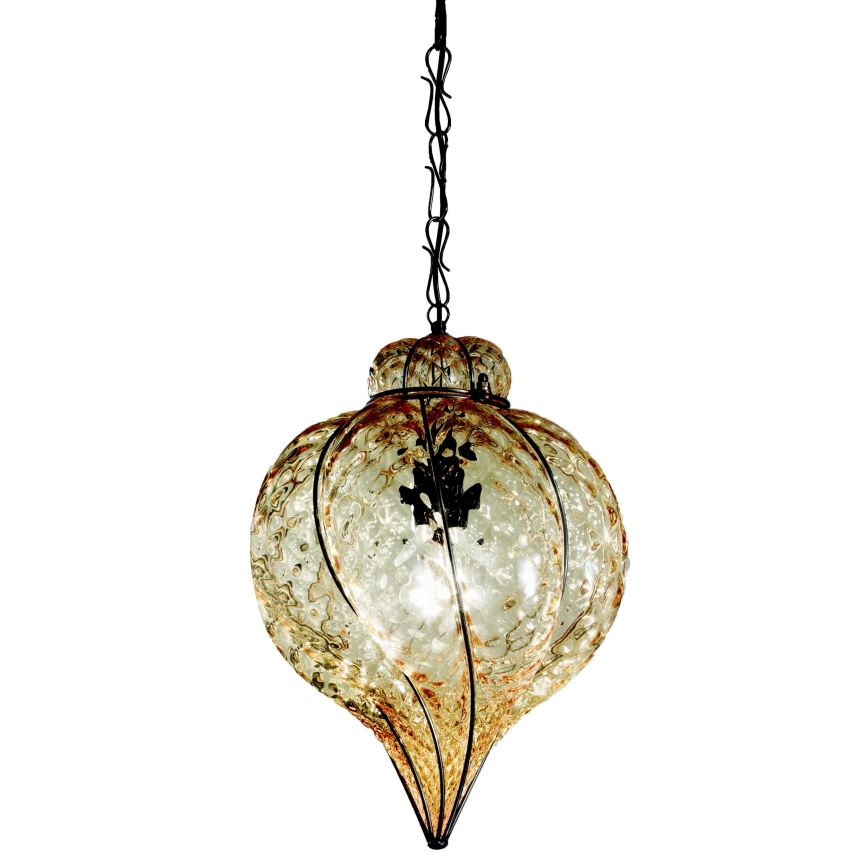 SIRU - Lámpara colgante con cadena GOCCIA 1xE27/60W/230V diá. 25 cm beige/marrón Vidrio veneciano