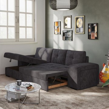 Sofá cama con almacenamiento y puf PALERMO, negro, orientación izquierda