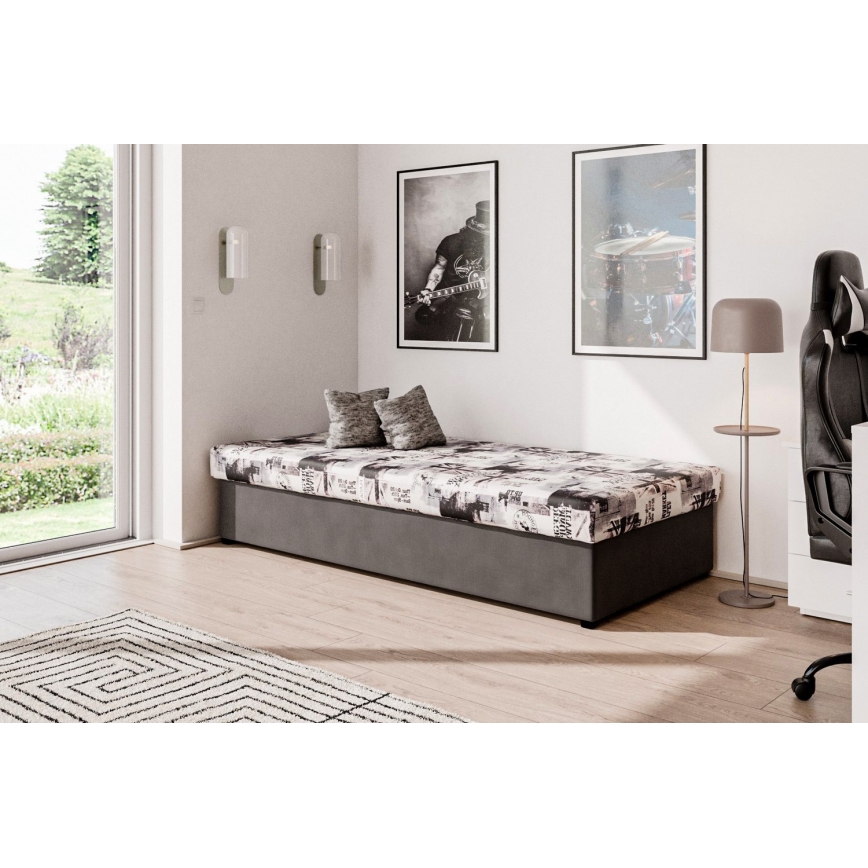 Sofá cama con colchón de muelles y espacio de almacenamiento NOE 90x200 gris/negro