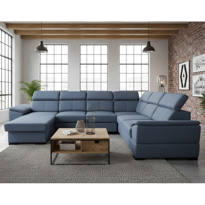 Sofá cama con esquinero universal en U y arcón de almacenamiento GRANADA azul