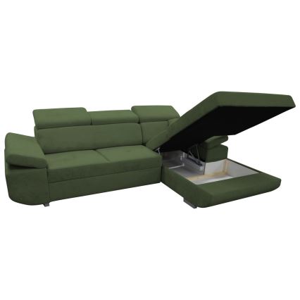 Sofá cama esquinero en L con arcón de almacenaje CASTELO, orientación derecha, verde
