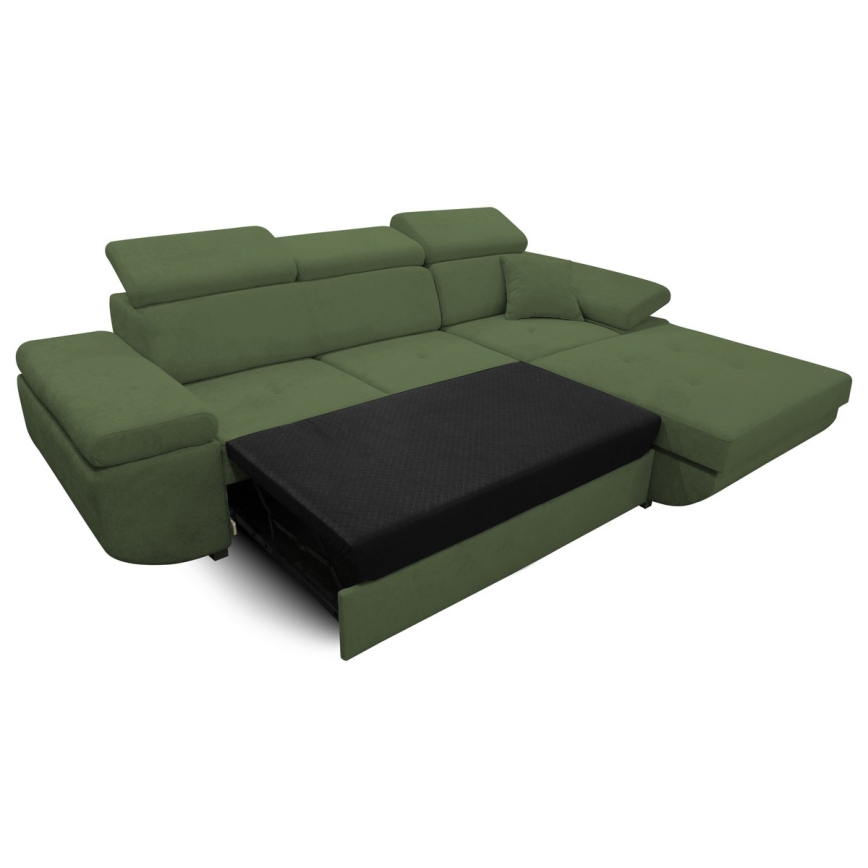 Sofá cama esquinero en L con arcón de almacenaje CASTELO, orientación derecha, verde