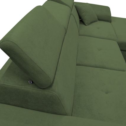 Sofá cama esquinero en L con arcón de almacenaje CASTELO, orientación derecha, verde