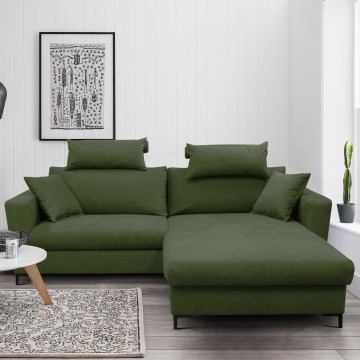 Sofá cama esquinero en L HORTA con arcón de almacenaje, orientación derecha, verde