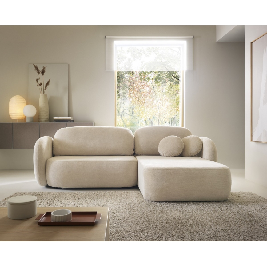 Sofá cama esquinero en L OLBIA con almacenamiento integrado, orientación derecha, beige