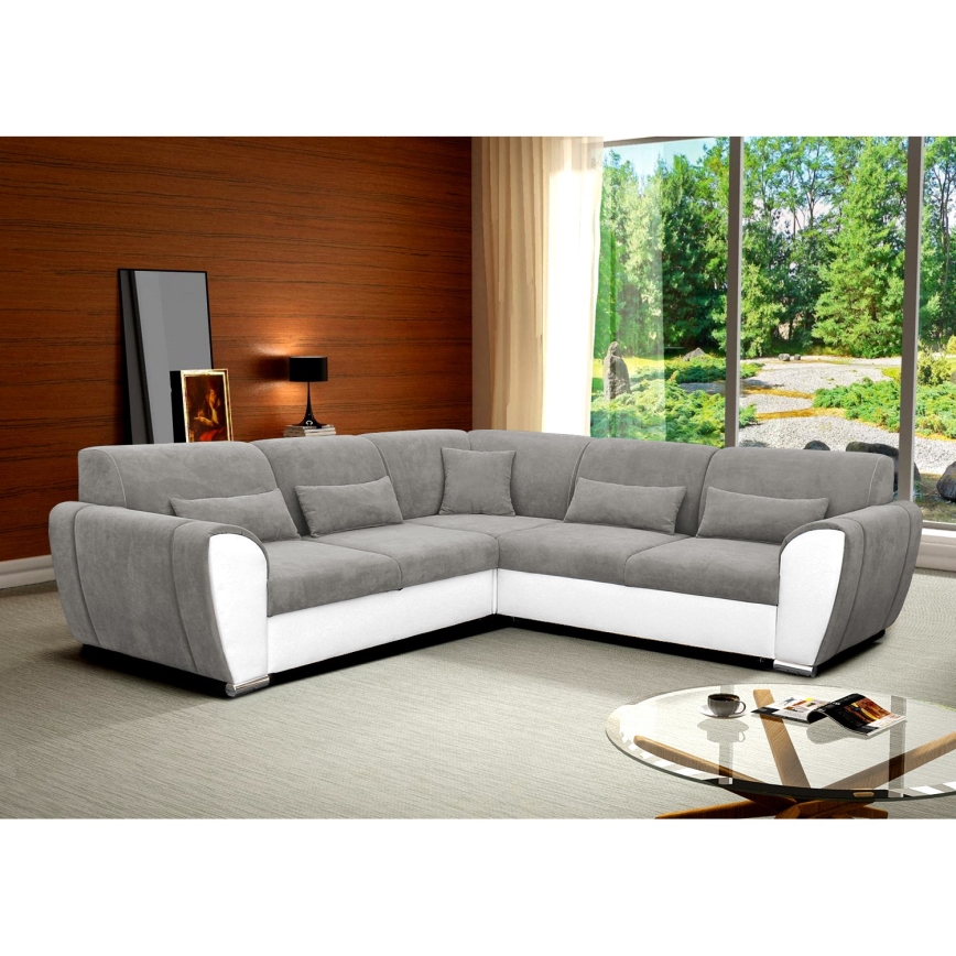 Sofá cama esquinero en L VISEU con arcón, chaise a la derecha, gris/blanco