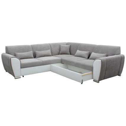 Sofá cama esquinero en L VISEU con arcón, chaise a la derecha, gris/blanco