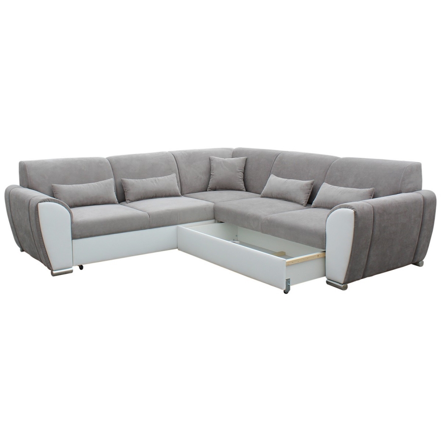 Sofá cama esquinero en L VISEU con arcón, chaise a la derecha, gris/blanco