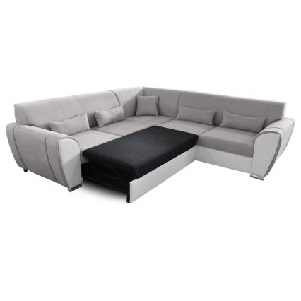 Sofá cama esquinero en L VISEU con arcón, chaise a la derecha, gris/blanco