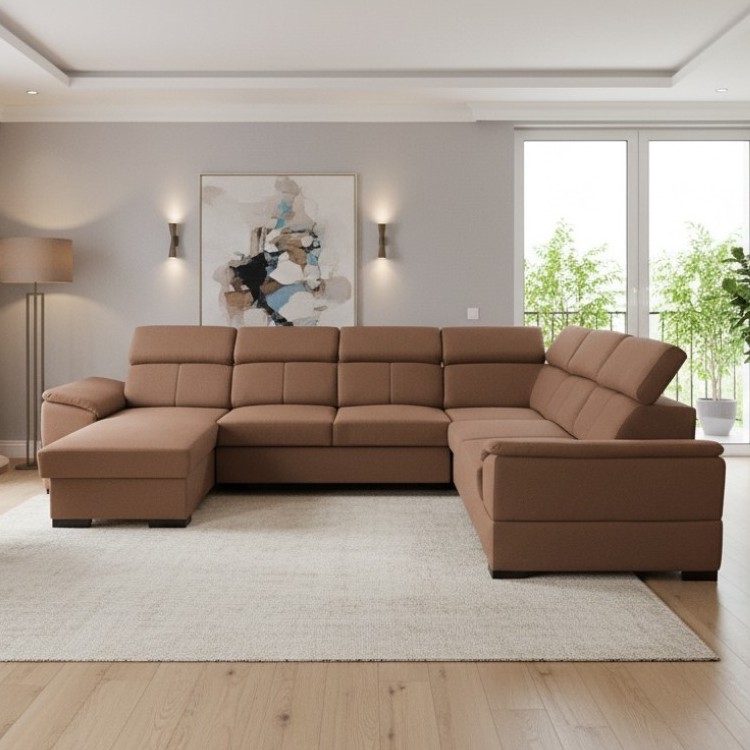 Sofá cama esquinero en U con rincón reversible y espacio de almacenamiento GRANADA marrón