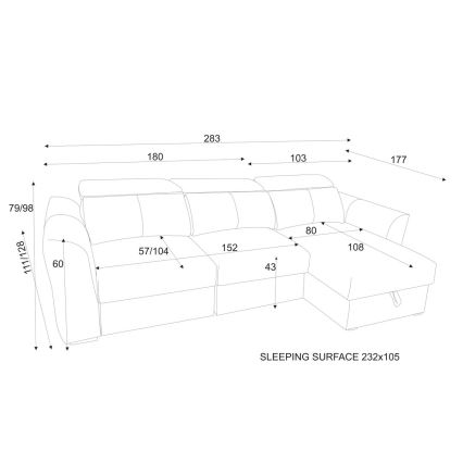 Sofá esquinero reversible de 3 plazas convertible en cama con arcón TRENTO, gris claro