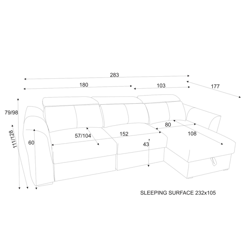 Sofá esquinero reversible de 3 plazas convertible en cama con arcón TRENTO, gris claro