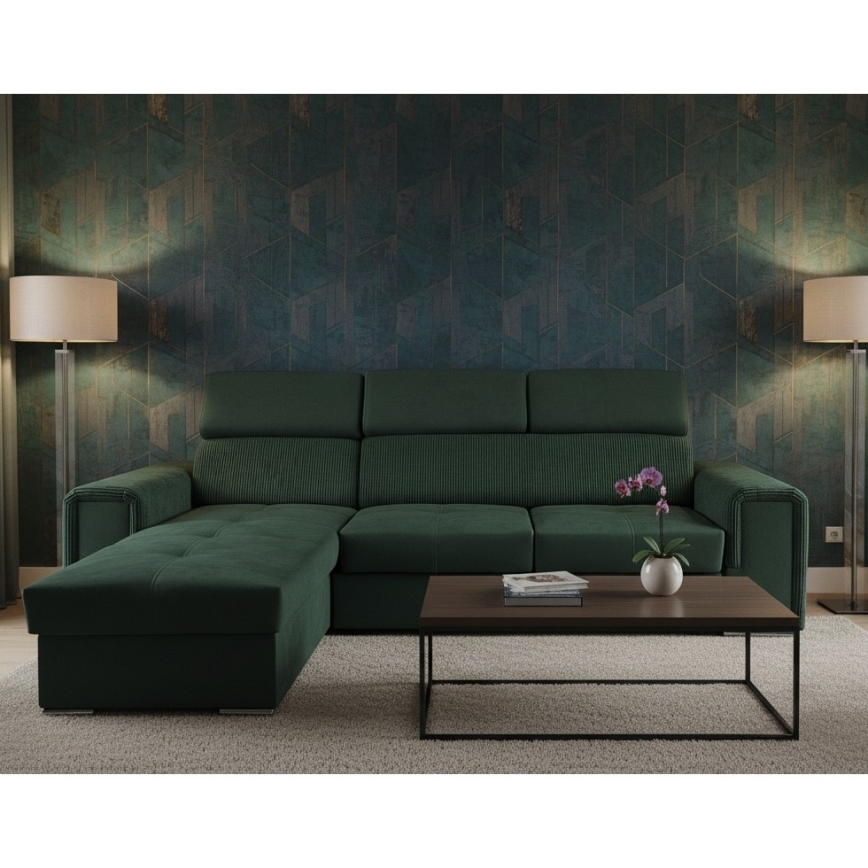 Sofá cama esquinero reversible en L con arcón SALVADA verde