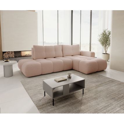 Sofá cama esquinero tapizado en L ALMADA, con arcón, orientación derecha, rosa